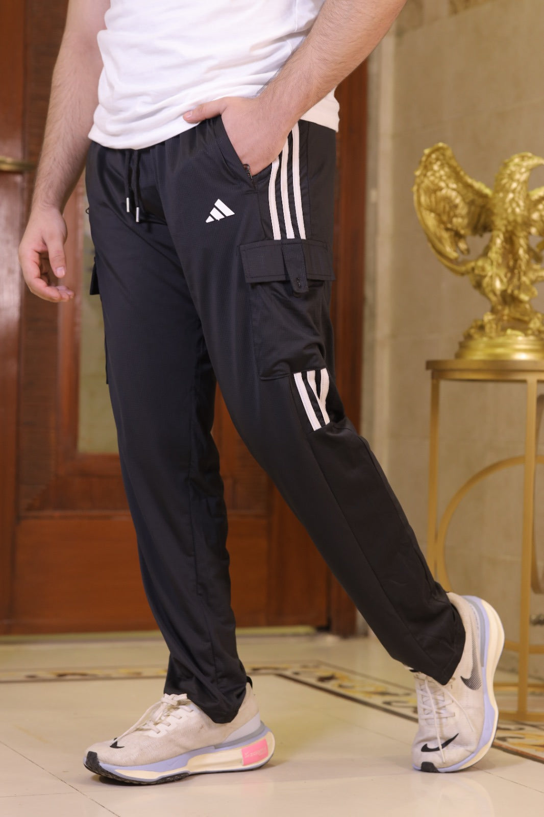 Three Tapes Men's 4 way Stretch-able Lycra Cargo Trousers Black